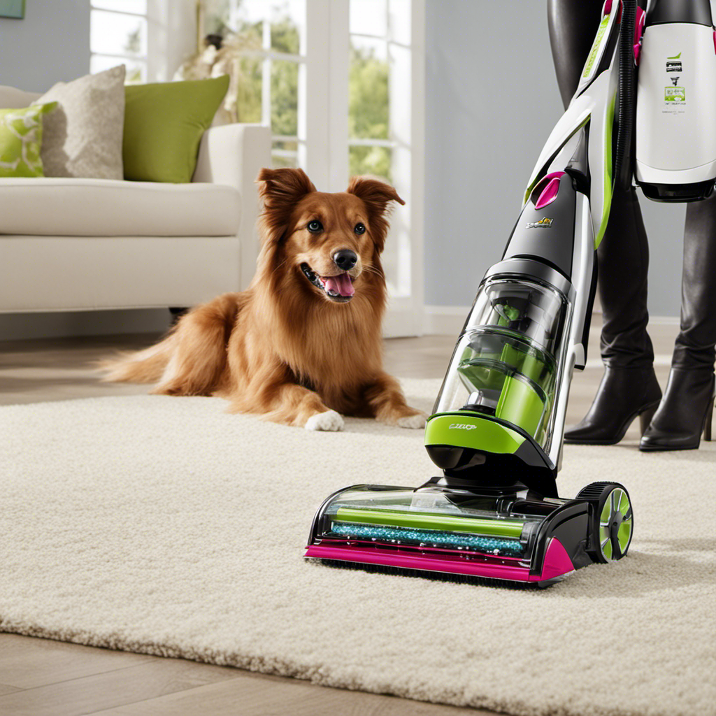 An image that showcases a person effortlessly using the Bissell Pet Hair Eraser 1650 Vacuum Cleaner to tackle pet hair on various surfaces, capturing the cleaner's powerful suction, innovative brush design, and ease of maneuverability