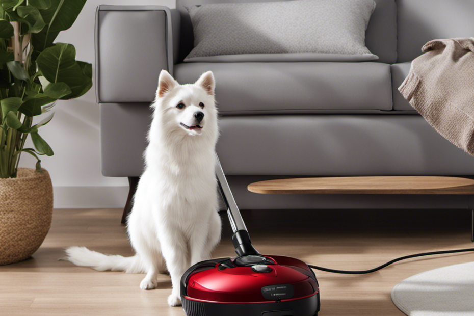 An image showcasing a powerful vacuum cleaner designed for pet owners, capturing a sleek appliance effortlessly sucking up copious amounts of fur from various surfaces