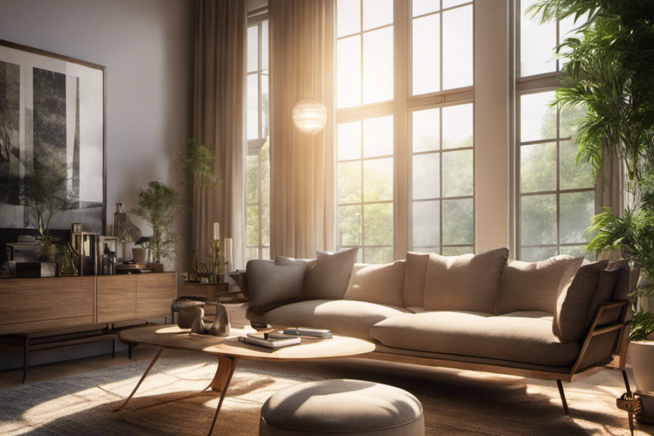 An image showcasing a serene living room with sunlight streaming through the windows, revealing tiny particles of dust and pet hair floating in the air