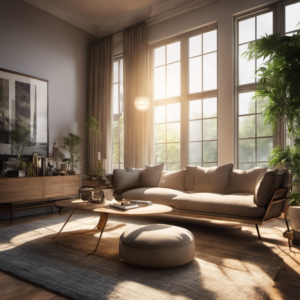 An image showcasing a serene living room with sunlight streaming through the windows, revealing tiny particles of dust and pet hair floating in the air