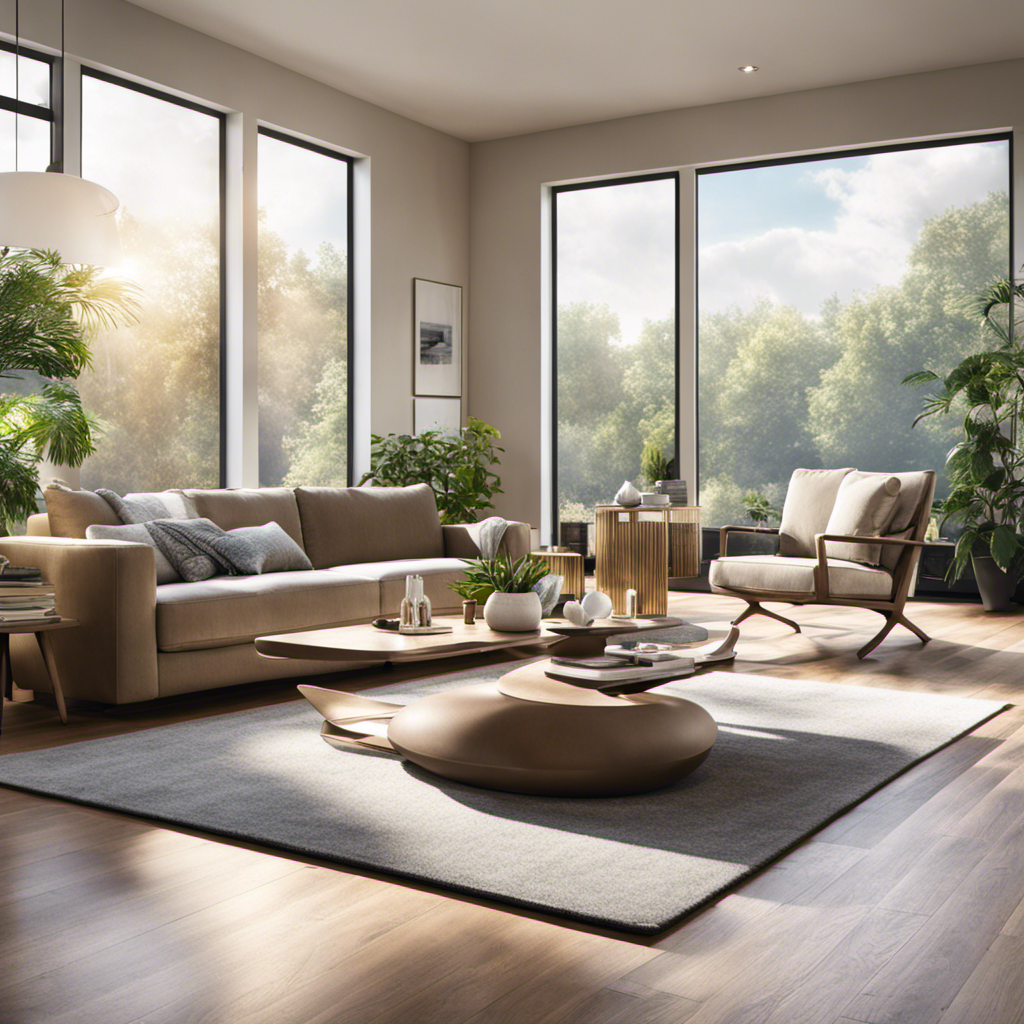 An image featuring a modern living room with sunlight streaming through clean windows, showcasing an air purifier quietly eliminating pet hair and dust particles floating in the air, leaving the room pristine and allergen-free