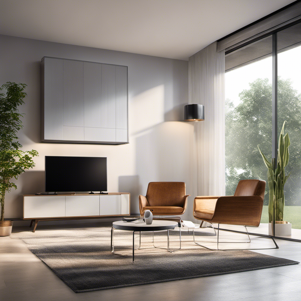 An image showcasing a modern living room with sunlight streaming through a large window