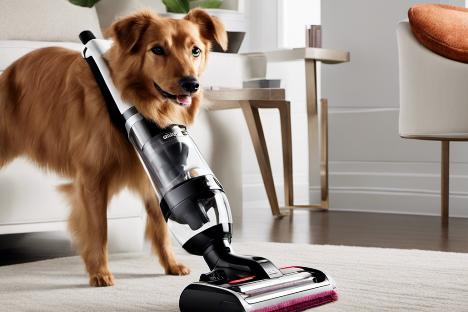 An image showcasing a sleek cordless vacuum specifically designed for pet hair, featuring a powerful suction head with specialized brushes, a transparent dust canister filled with pet hair, and a cordless charging base