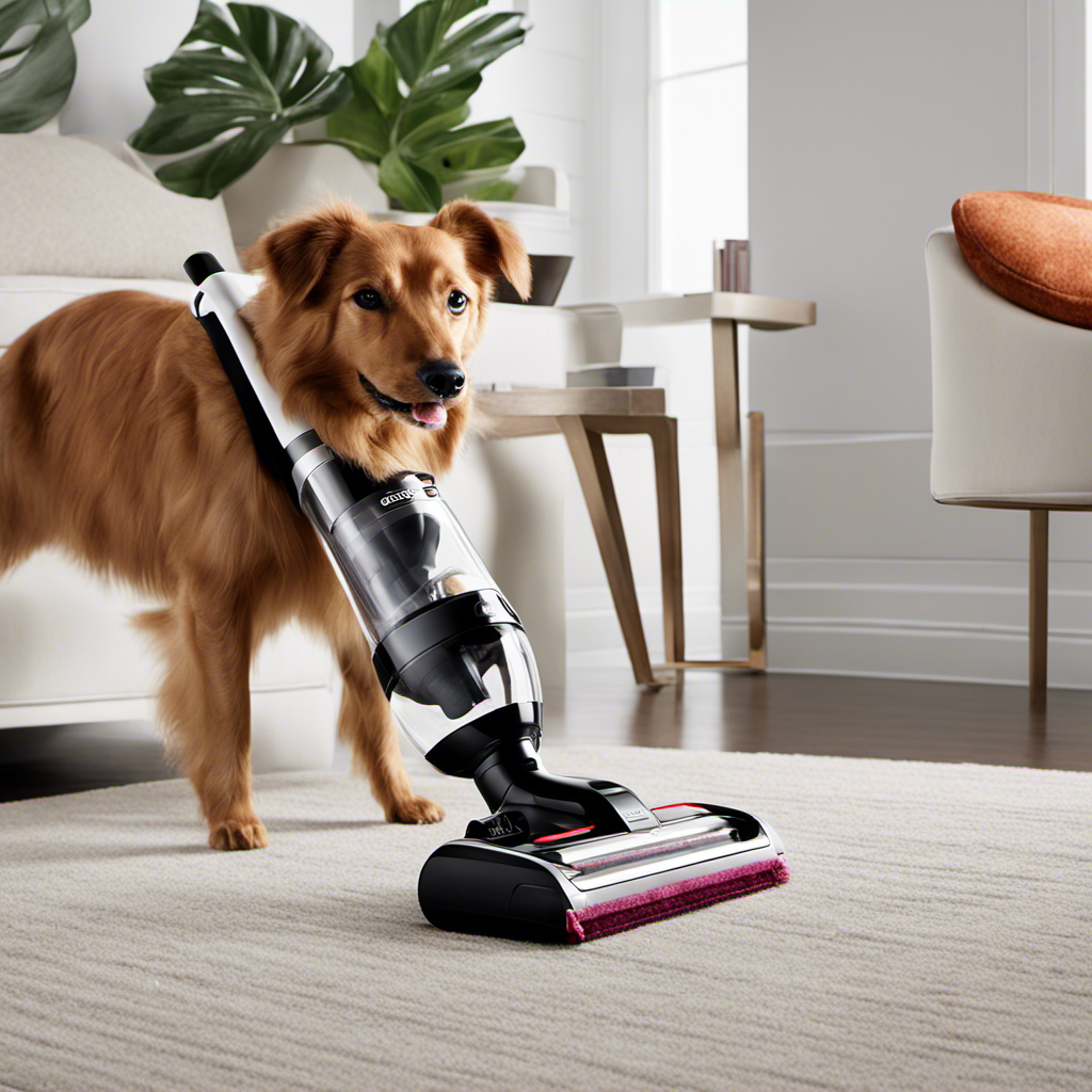 An image showcasing a sleek cordless vacuum specifically designed for pet hair, featuring a powerful suction head with specialized brushes, a transparent dust canister filled with pet hair, and a cordless charging base