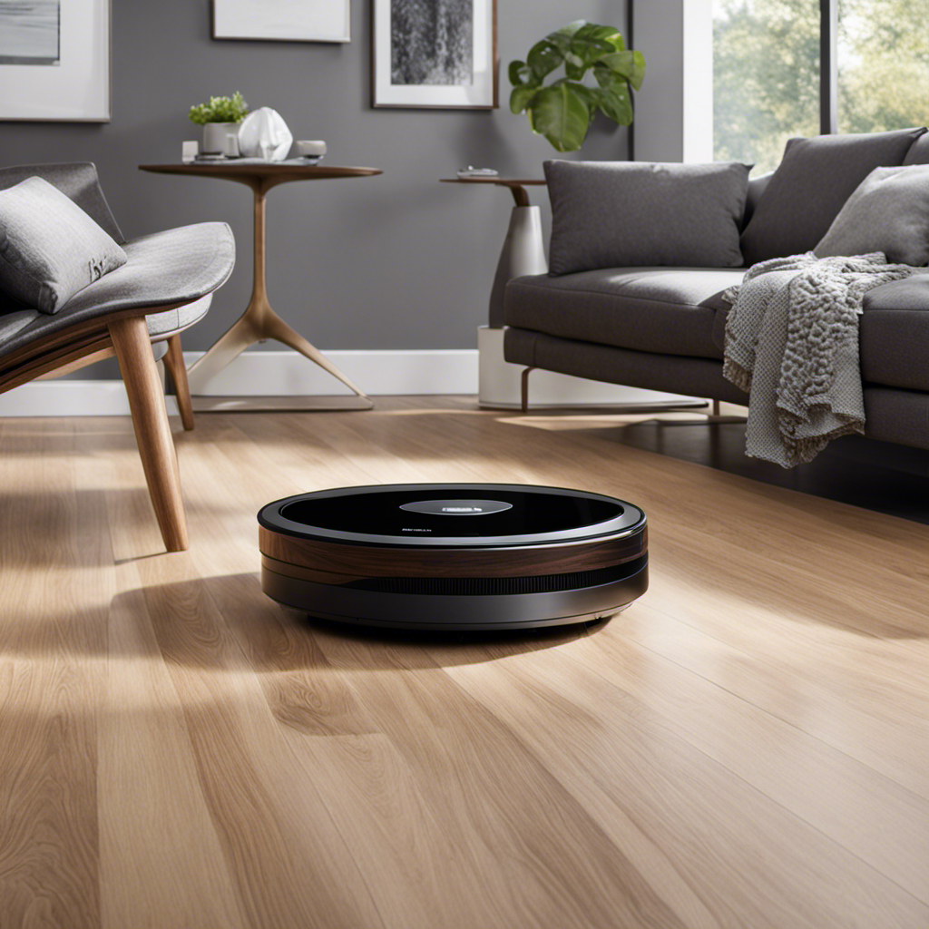 An image featuring a sleek, modern living room with hardwood floors covered in pet hair