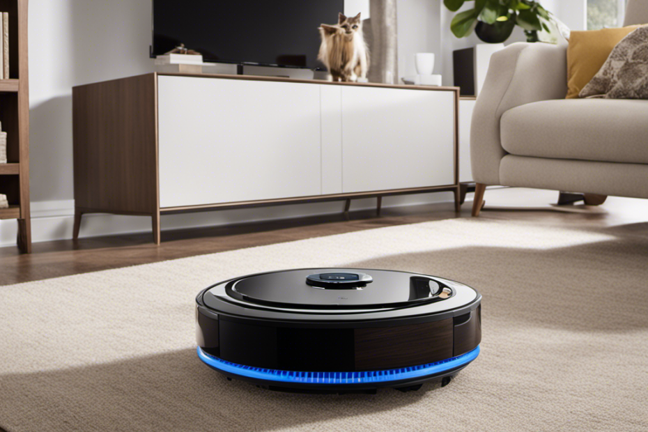 An image showcasing a sleek robotic vacuum effortlessly gliding across a pet-filled living room, deftly collecting every strand of fur with its advanced suction technology