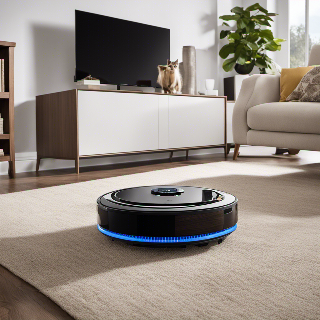 An image showcasing a sleek robotic vacuum effortlessly gliding across a pet-filled living room, deftly collecting every strand of fur with its advanced suction technology