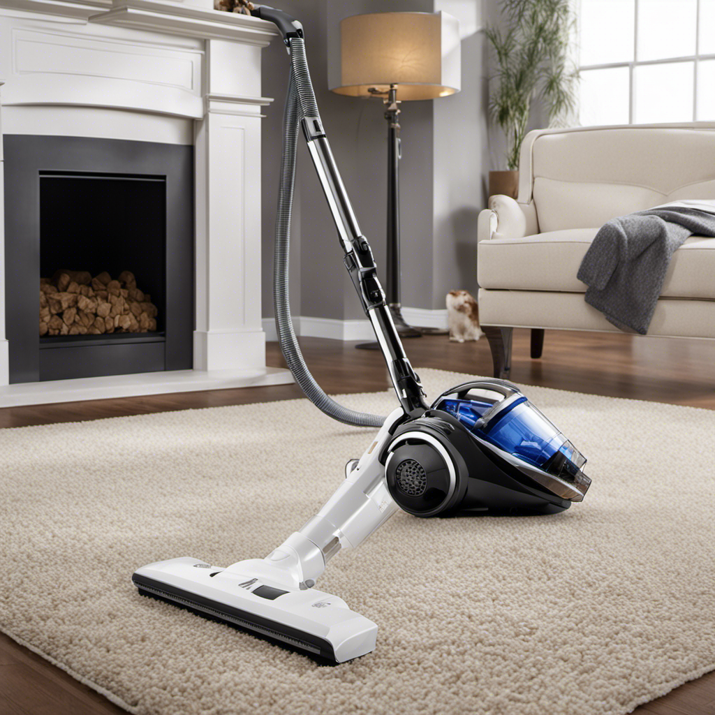 An image showcasing a powerful vacuum cleaner effortlessly removing pet hair from various surfaces