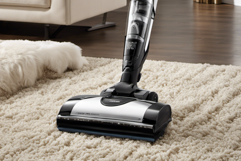 An image showcasing a sleek vacuum gliding effortlessly over a plush, carpeted floor, effectively capturing every strand of stubborn pet hair