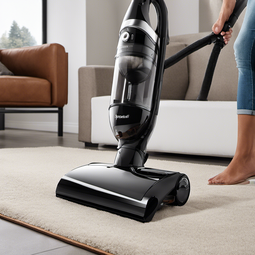 An image showcasing a sleek, modern vacuum effortlessly sucking up a mountain of pet hair, with its specialized pet hair attachment in action, capturing every tiny strand for a spotlessly clean home
