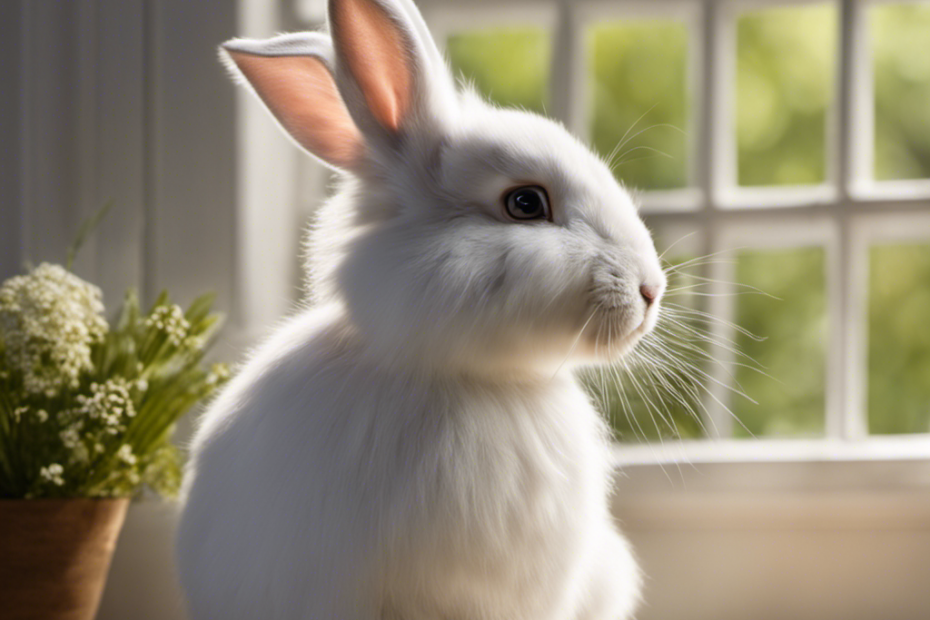 An image showcasing a serene bunny enjoying a gentle brushing session under a bright, sunny window