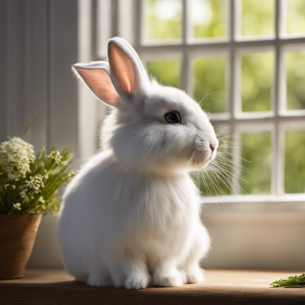 An image showcasing a serene bunny enjoying a gentle brushing session under a bright, sunny window