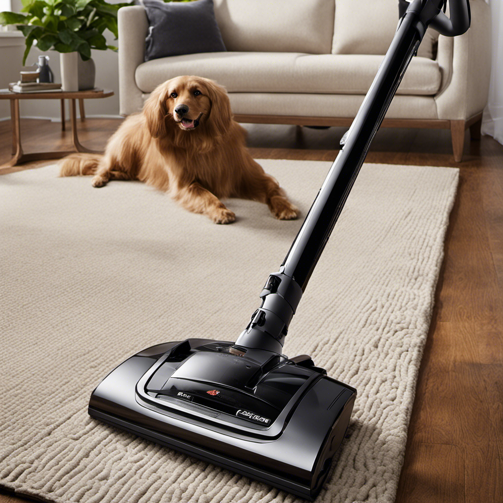 An image that showcases a sleek, powerful vacuum with specialized pet hair attachments, effortlessly collecting fur from upholstery, blankets, and rugs