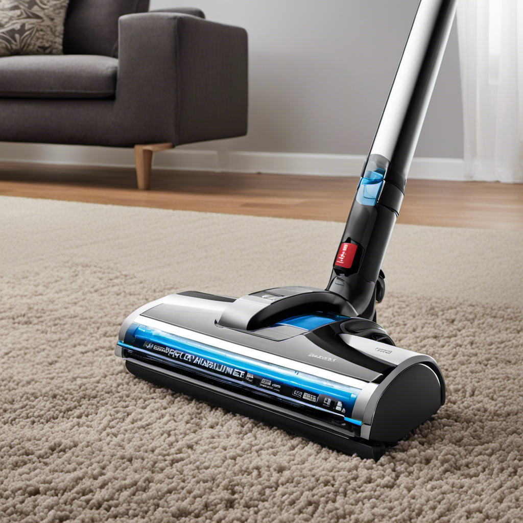 An image showcasing a sleek, modern vacuum cleaner gliding effortlessly across a plush carpet, effortlessly capturing clumps of pet hair
