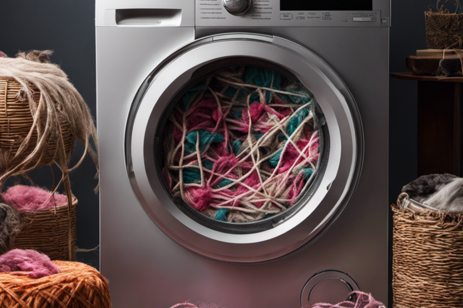 An image showcasing a washing machine drum filled with tangled pet hair, lint, and fur, entwined with clothes