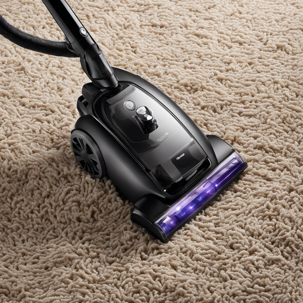 An image showcasing a powerful vacuum cleaner in action, with its high-powered suction removing pet hair from deep within a plush carpet