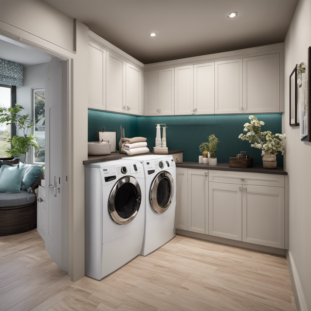 An image showcasing a vibrant laundry room with an open dryer door