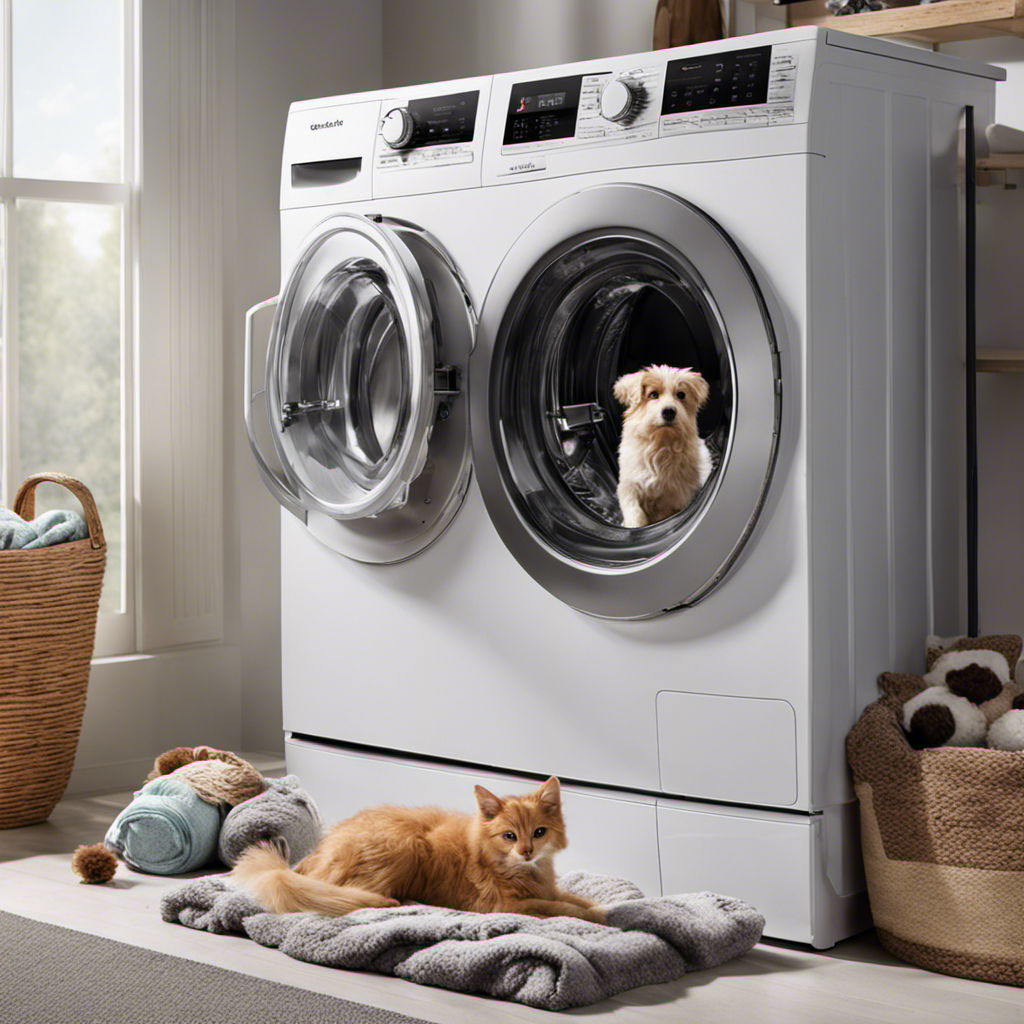 An image showcasing a washing machine filled with muddy pet toys, fur-covered blankets, and a lint roller nearby