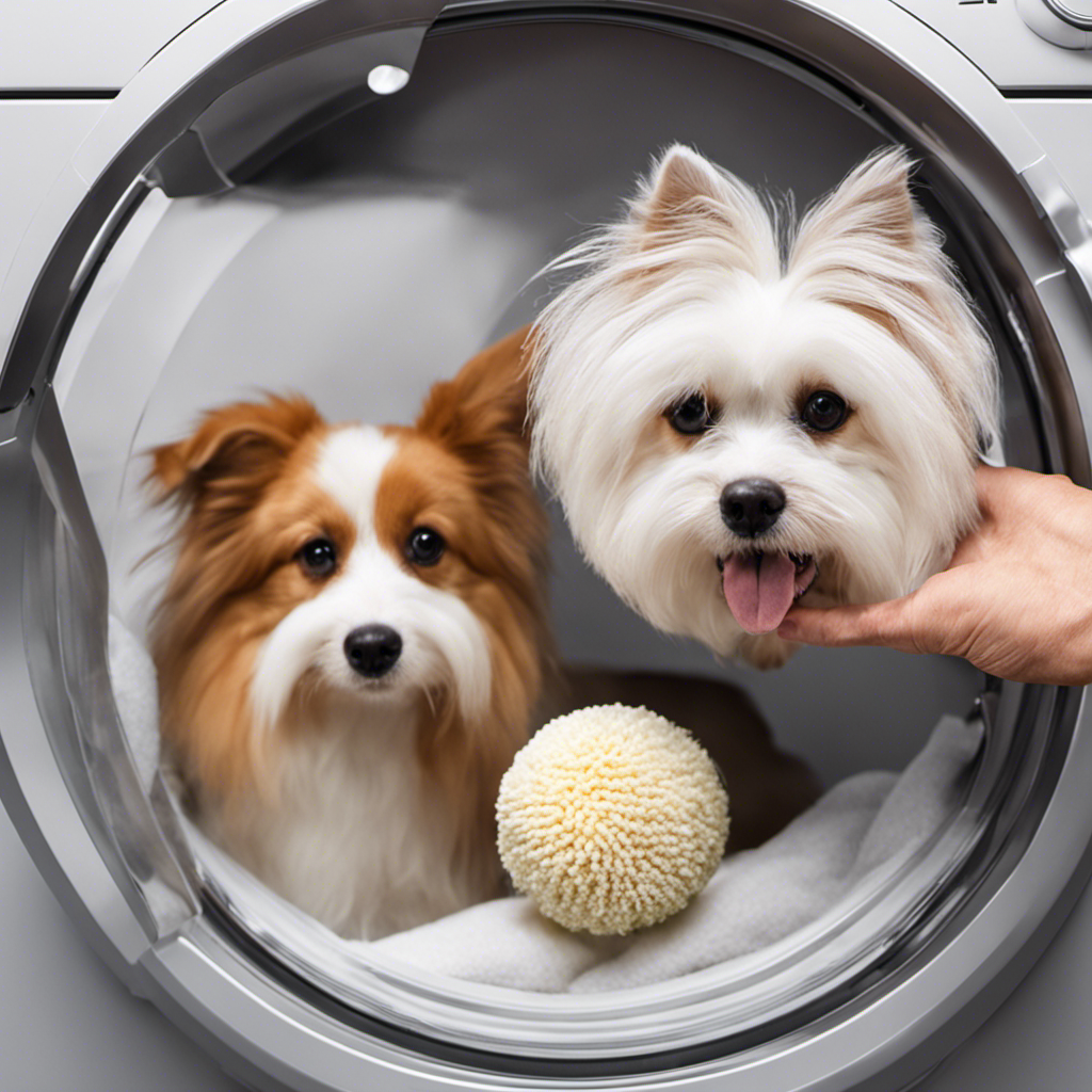 An image showcasing a dryer drum filled with various pet hair magnets such as rubber gloves, a dryer sheet, a lint roller, and a fabric softener ball, effectively removing pet hair from clothes