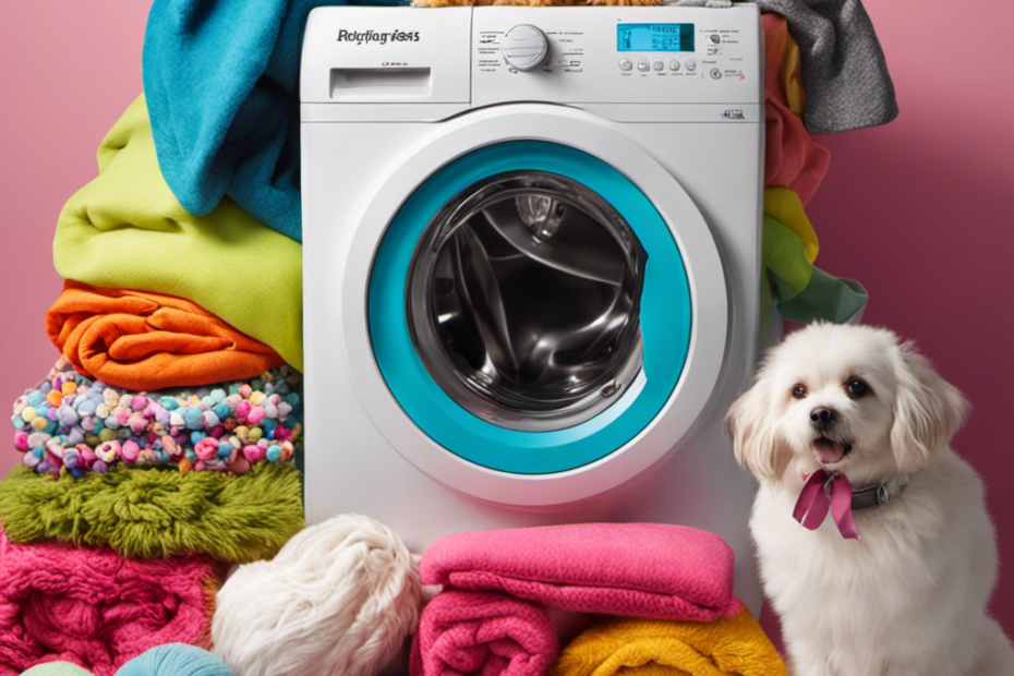 Capture the essence of tackling pet hair with a visual feast - an image showcasing a vibrant washing machine filled with a colorful assortment of pet bedding, clothing, and a specialized pet hair collection bag, brimming with fluffy tufts of fur