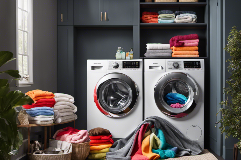 An image showcasing a front-loading washing machine filled with laundry; a colorful mix of pet blankets, clothing, and towels, all adorned with copious amounts of pet hair, ready to be effortlessly eliminated with a powerful washing cycle
