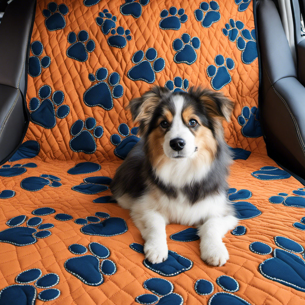 An image that showcases a vehicle carpet covered with a thick layer of protective quilted fabric, adorned with whimsical paw prints
