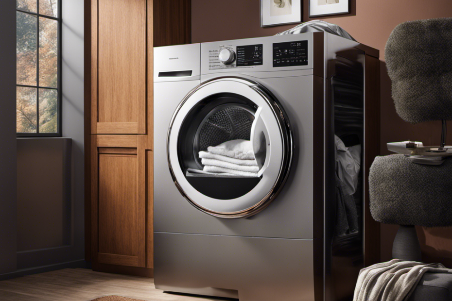 An image showcasing a modern dryer with an open door, revealing a pile of freshly laundered clothes