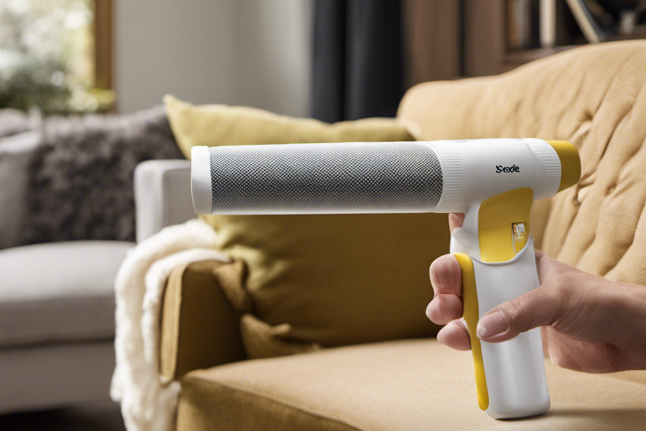 An image showcasing a person using a sticky lint roller to effortlessly peel off a layer of pet hair from a cozy fabric couch, revealing its clean and fur-free surface underneath