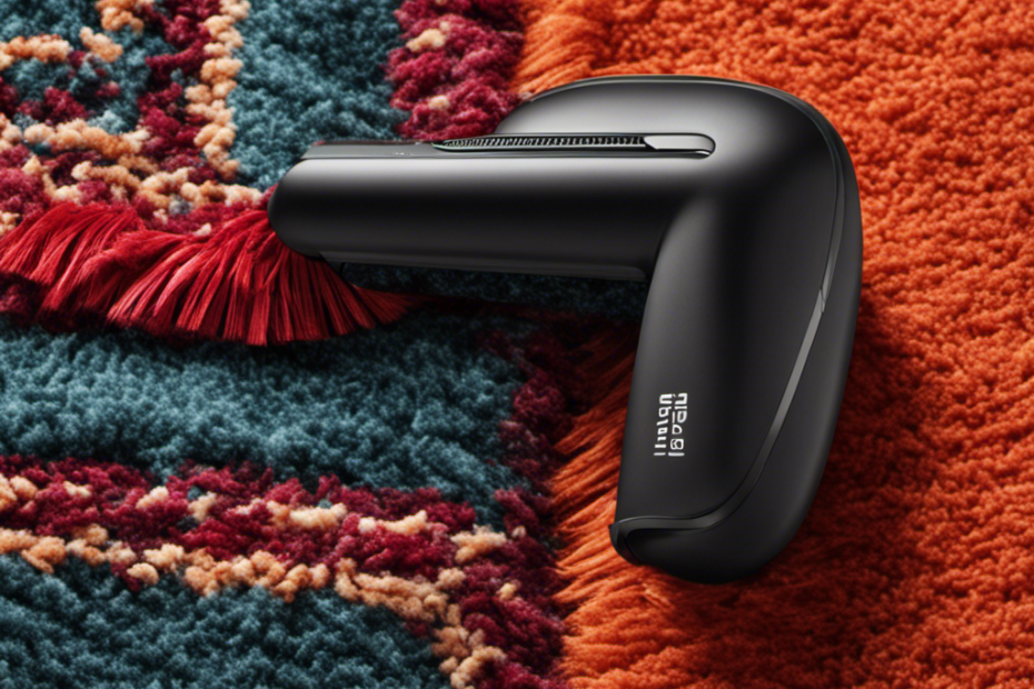 An image capturing a close-up view of a sleek, ergonomic handheld device effortlessly gliding across a vibrant-colored carpet, seamlessly capturing an array of pet hair and lint, symbolizing the ultimate pet hair or lint remover