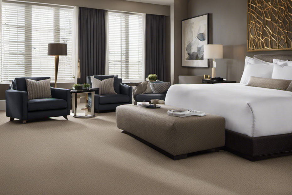 An image showcasing a hotel room with a specialized pet hair removal tool, featuring a powerful vacuum cleaner designed with multiple attachments for upholstery, carpets, and hard-to-reach corners