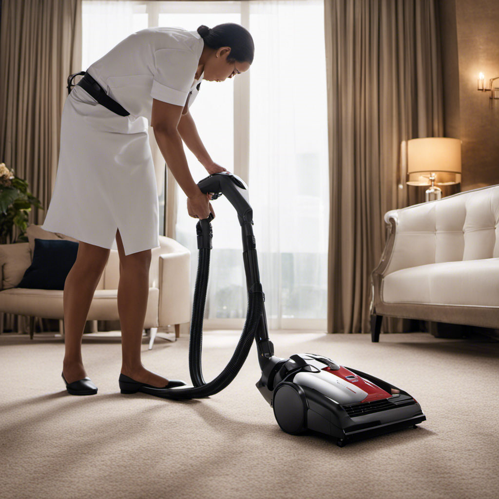 An image showcasing a hotel staff member using a powerful, cordless vacuum cleaner with specialized pet hair attachments, diligently removing pet hair from various surfaces like carpets, upholstery, and bedding