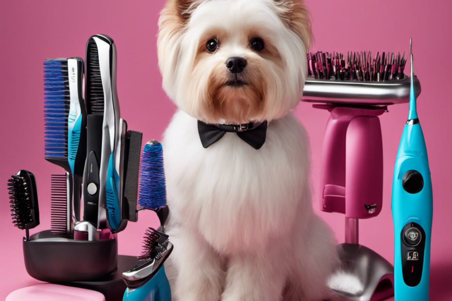 An image showcasing a professional pet groomer's tools: a sleek electric clipper gliding smoothly through fluffy fur, stainless steel scissors, pet-friendly combs with rounded teeth, a grooming table with restraints, and a colorful array of brushes, all neatly arranged on a clean, sanitized workspace