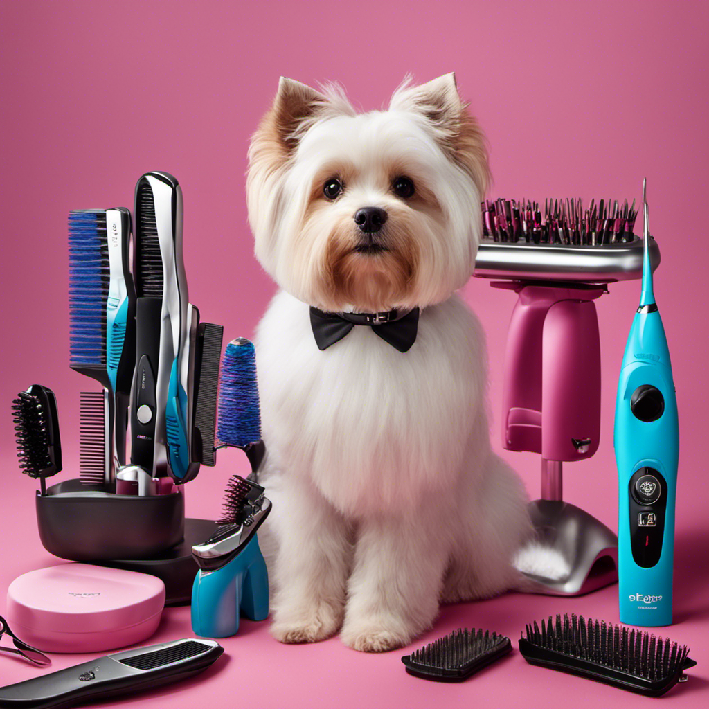 An image showcasing a professional pet groomer's tools: a sleek electric clipper gliding smoothly through fluffy fur, stainless steel scissors, pet-friendly combs with rounded teeth, a grooming table with restraints, and a colorful array of brushes, all neatly arranged on a clean, sanitized workspace