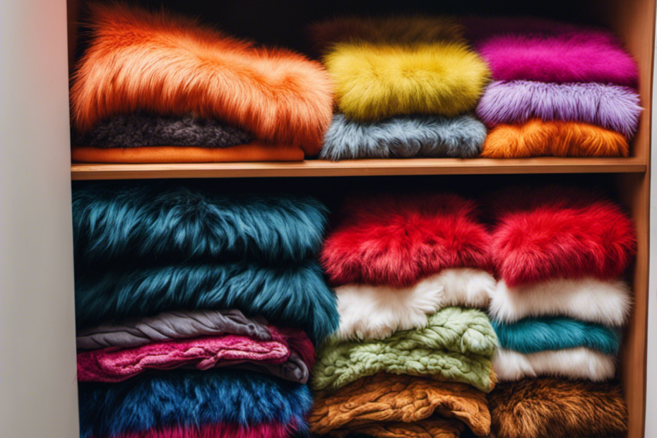 An image showcasing a dryer filled with a colorful assortment of fur-covered garments, including blankets, sweaters, and towels