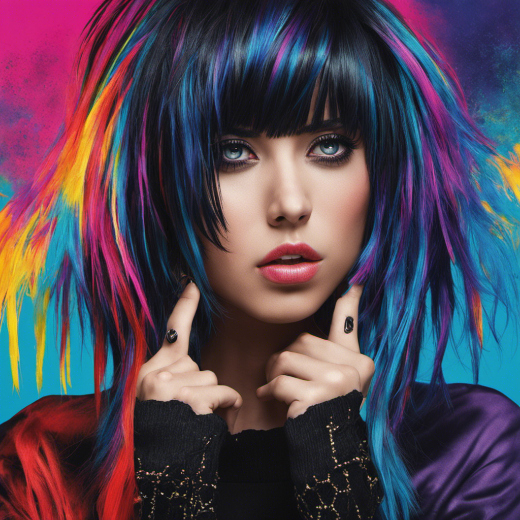An image showcasing a person with vibrant, dyed hair sporting an emo hairstyle, their eyes concealed by heavy, black bangs