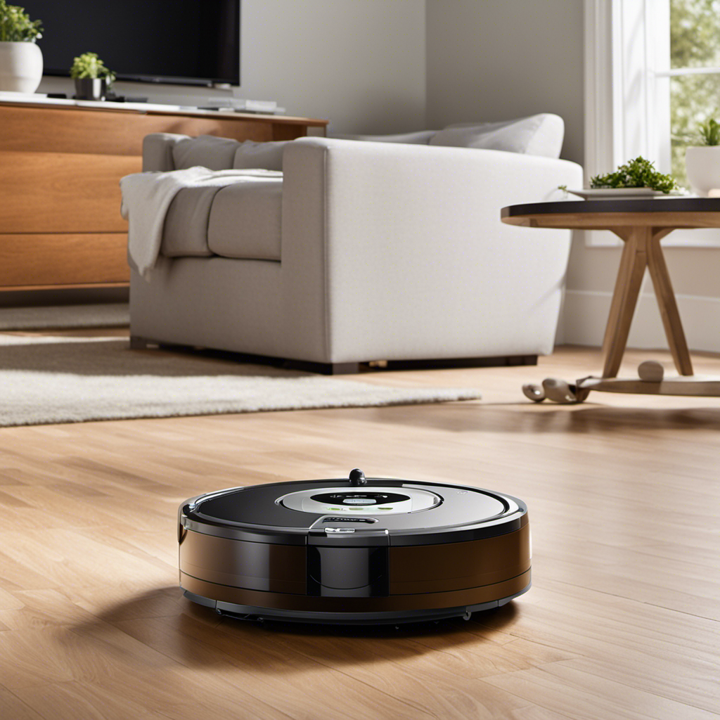 An image showcasing a Roomba robot effortlessly gliding across a living room floor, capturing clumps of fluffy pet hair in its high-powered suction, leaving behind a spotless and hair-free surface