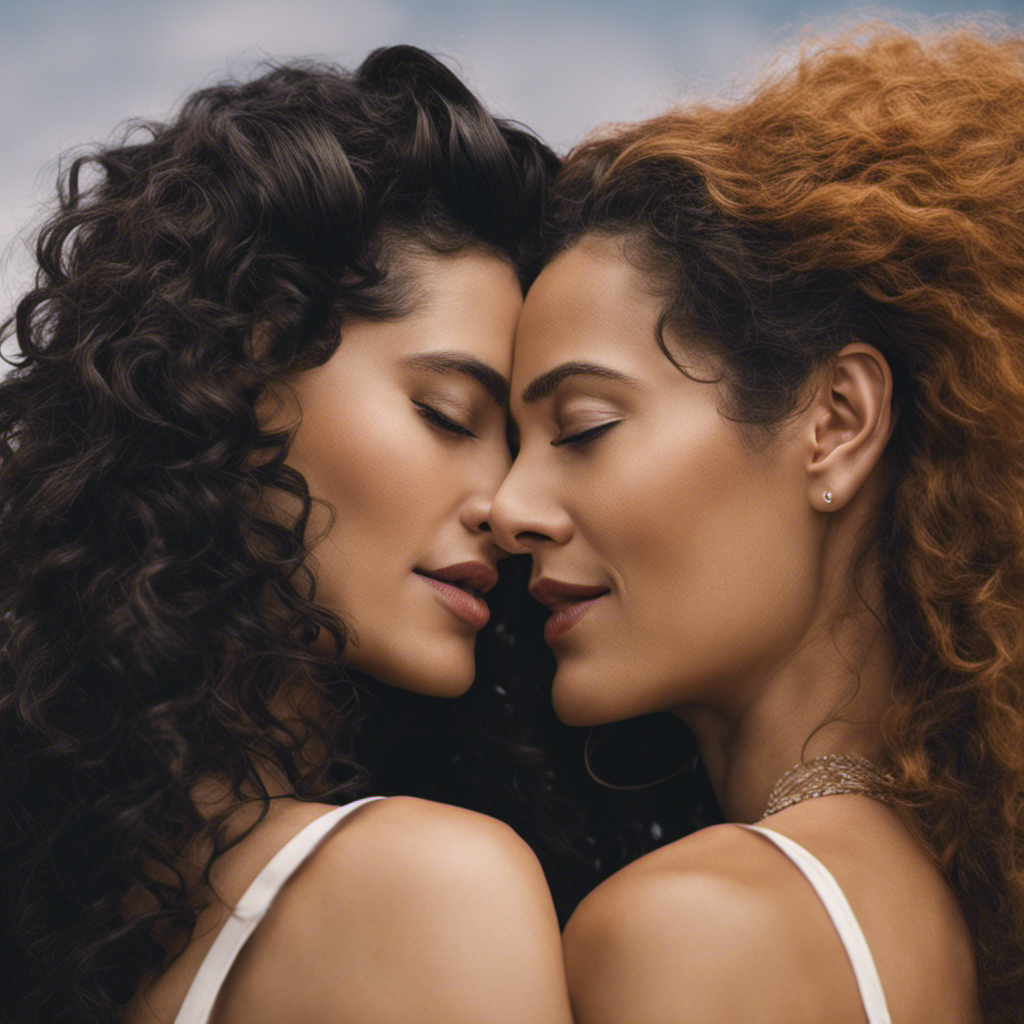 An image capturing a close-up shot of two women playfully intertwined, one gently caressing the other's hair while their eyes lock in a flirtatious gaze, subtly conveying the complexities of queer intimacy and communication