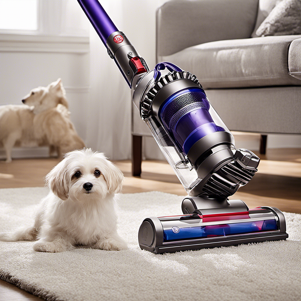An image showcasing a Dyson vacuum effortlessly removing pet hair from various surfaces