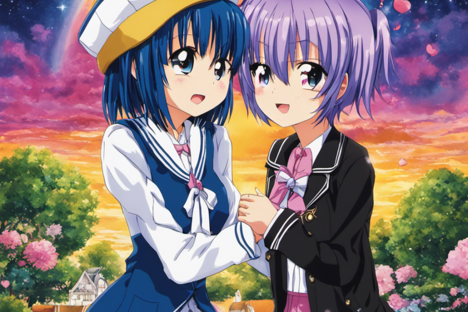 An image showcasing a vibrant scene from Shugo Chara! Amu, wearing her distinctive school uniform, playfully pets Ikuto's silky, midnight blue hair as they share a tender moment, their eyes filled with warmth and affection