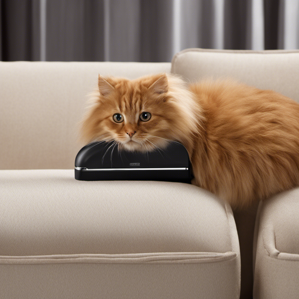 An image showcasing a sleek, handheld pet hair magnet effortlessly gliding over a plush sofa, capturing an array of fluffy pet hairs