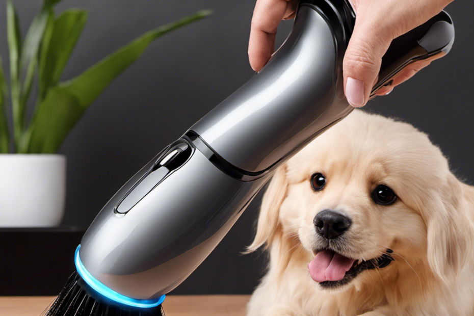 An image showcasing a sleek handheld pet grooming device with a powerful suction feature, effortlessly removing pet hair from furniture and carpets