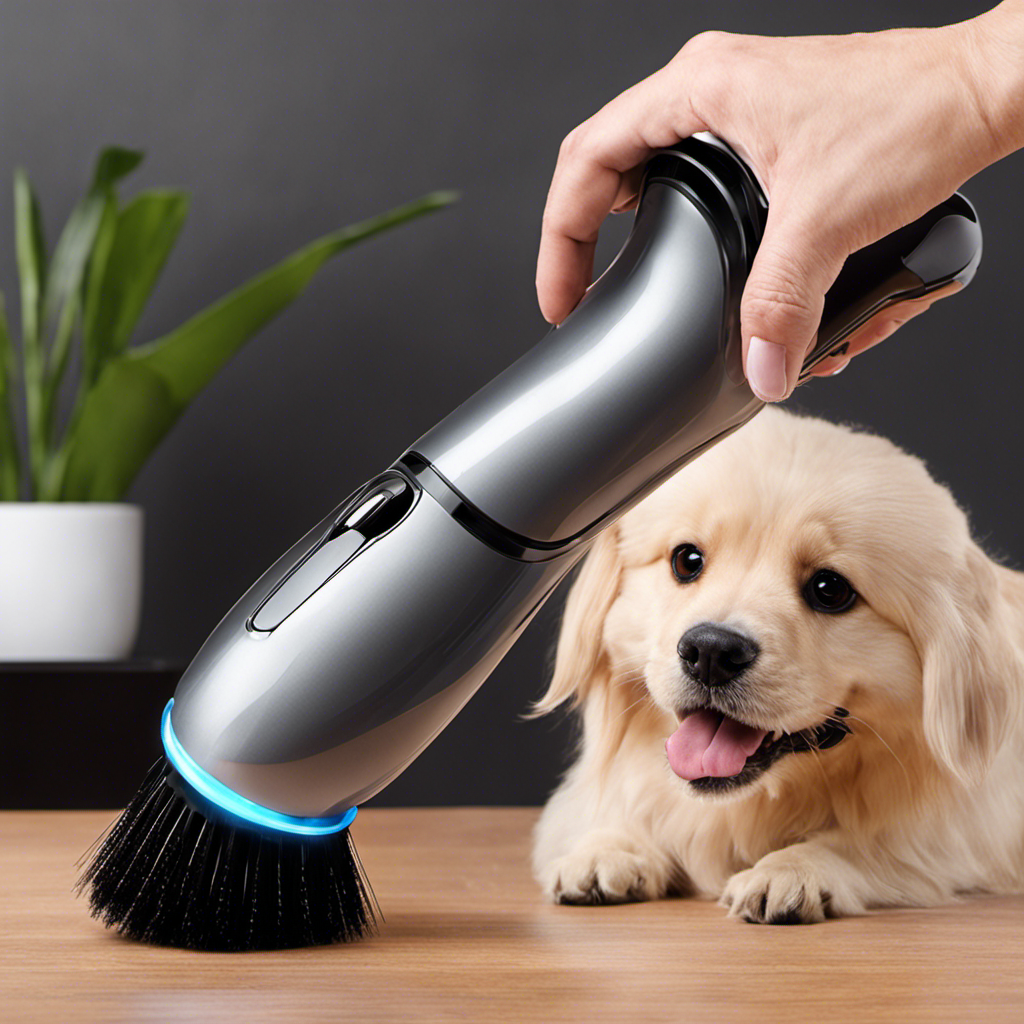 An image showcasing a sleek handheld pet grooming device with a powerful suction feature, effortlessly removing pet hair from furniture and carpets