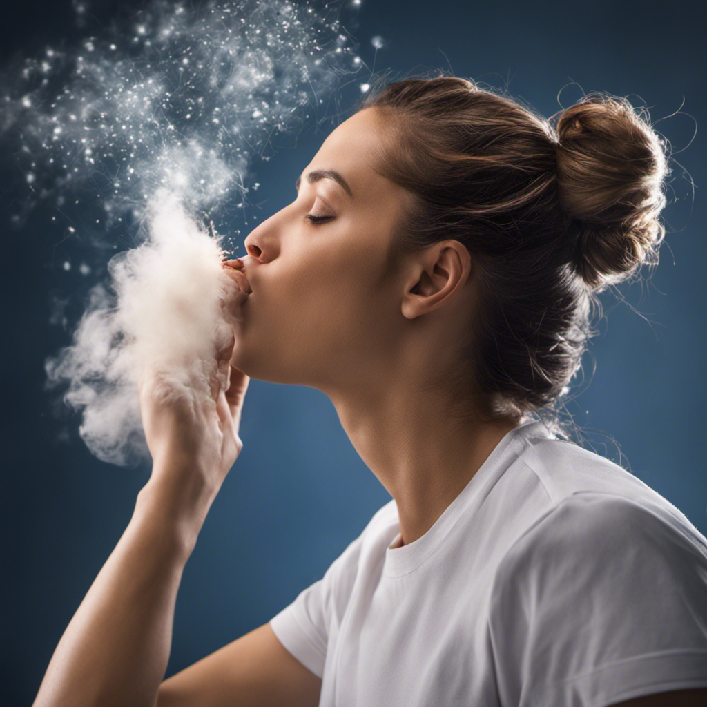 An image depicting a person inhaling pet hair, capturing the microscopic particles suspended in the air as they enter the respiratory system, causing irritation, sneezing, coughing, and potentially triggering allergies or asthma