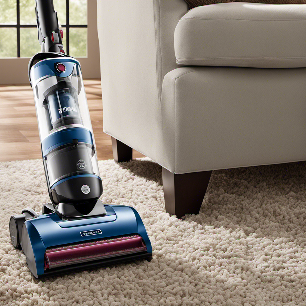 An image showcasing a powerful pet hair vacuum in action, capturing its specialized brush roll swiftly removing pet hair from carpets, while the transparent canister displays the collected fur