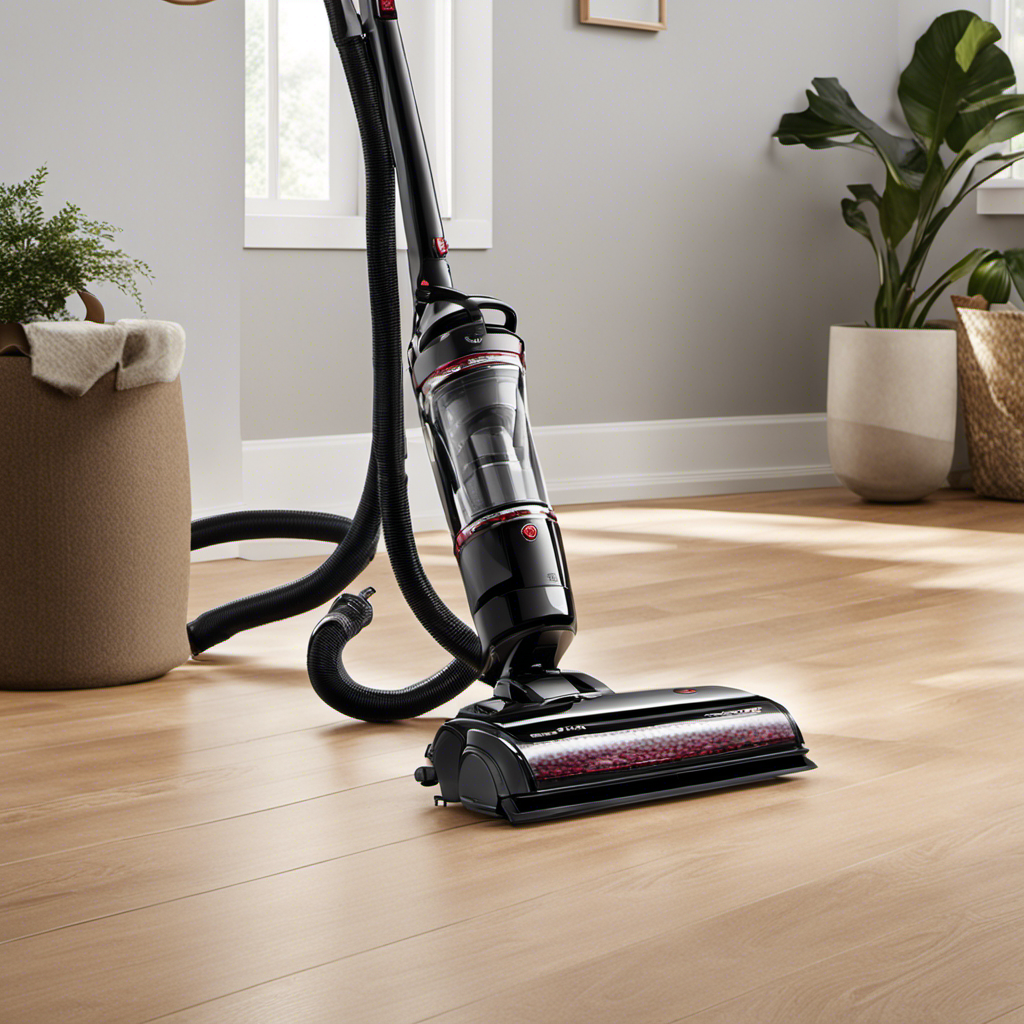 An image showcasing a sleek vacuum cleaner effortlessly gliding across pristine hardwood floors, its powerful suction effortlessly capturing strands of pet hair