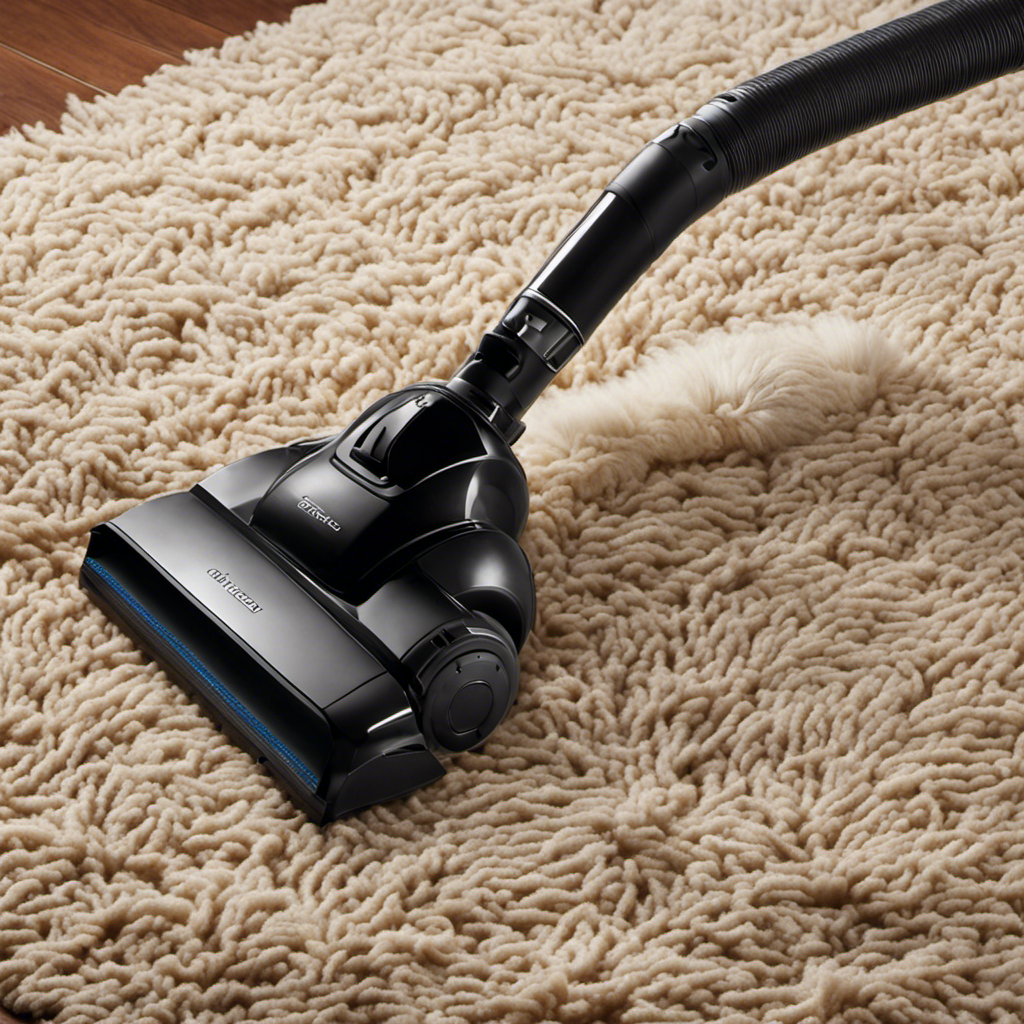 An image that showcases a powerful vacuum with specialized pet hair attachments, effortlessly sucking up thick strands of fur embedded in a plush, patterned carpet