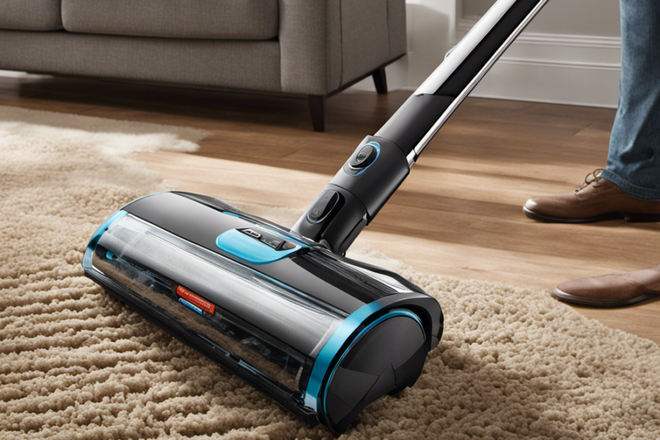 An image that showcases a sleek vacuum cleaner effortlessly gliding across a carpet and hardwood floor