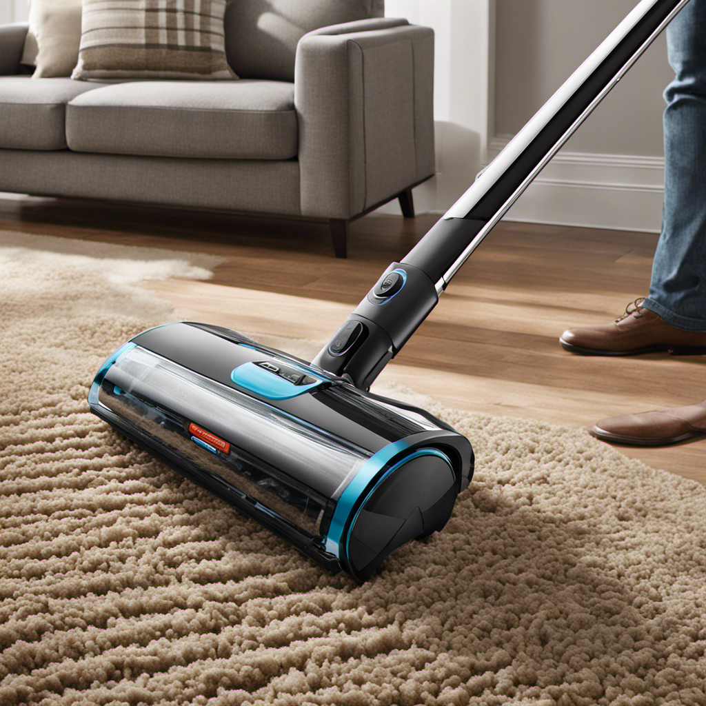 An image that showcases a sleek vacuum cleaner effortlessly gliding across a carpet and hardwood floor