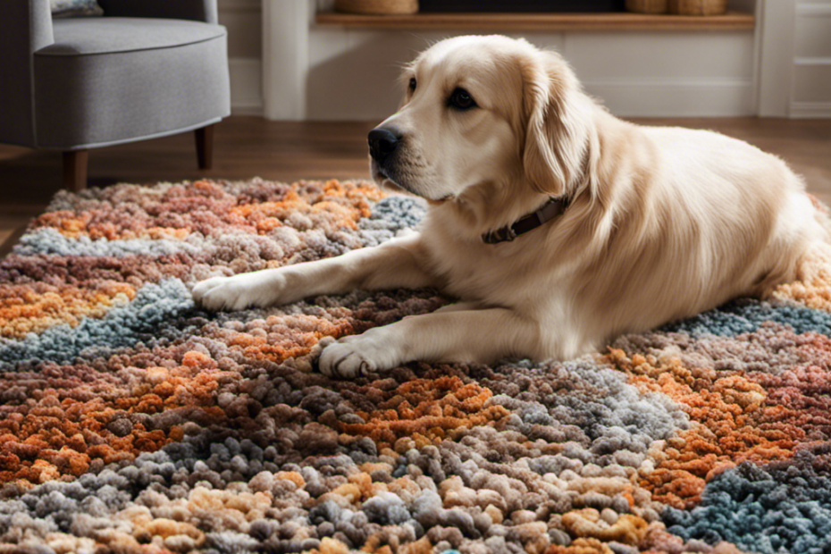 An image that captures the essence of a pet hair rug: a cozy living room adorned with a plush, textured rug covered in an intricate mosaic of different colored pet hairs, perfectly blending comfort and companionship