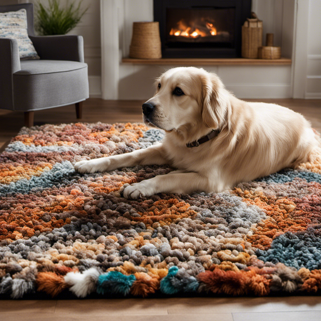 An image that captures the essence of a pet hair rug: a cozy living room adorned with a plush, textured rug covered in an intricate mosaic of different colored pet hairs, perfectly blending comfort and companionship